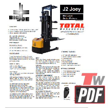 Big Joe J2 mid Level Order Pickers Specs Brochure